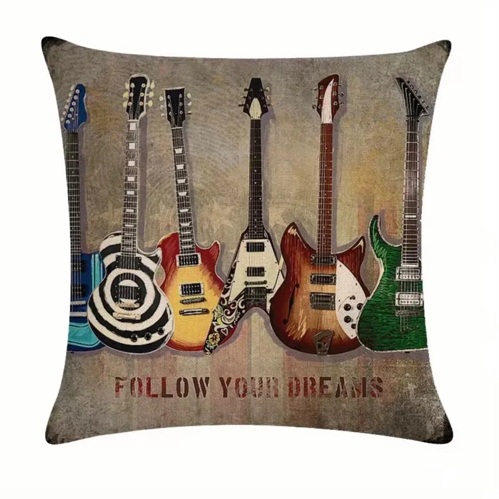 4 Pc Throw Pillow Covers‎ Guitar Microphone Headphone No Pillow Insert, 18*18in